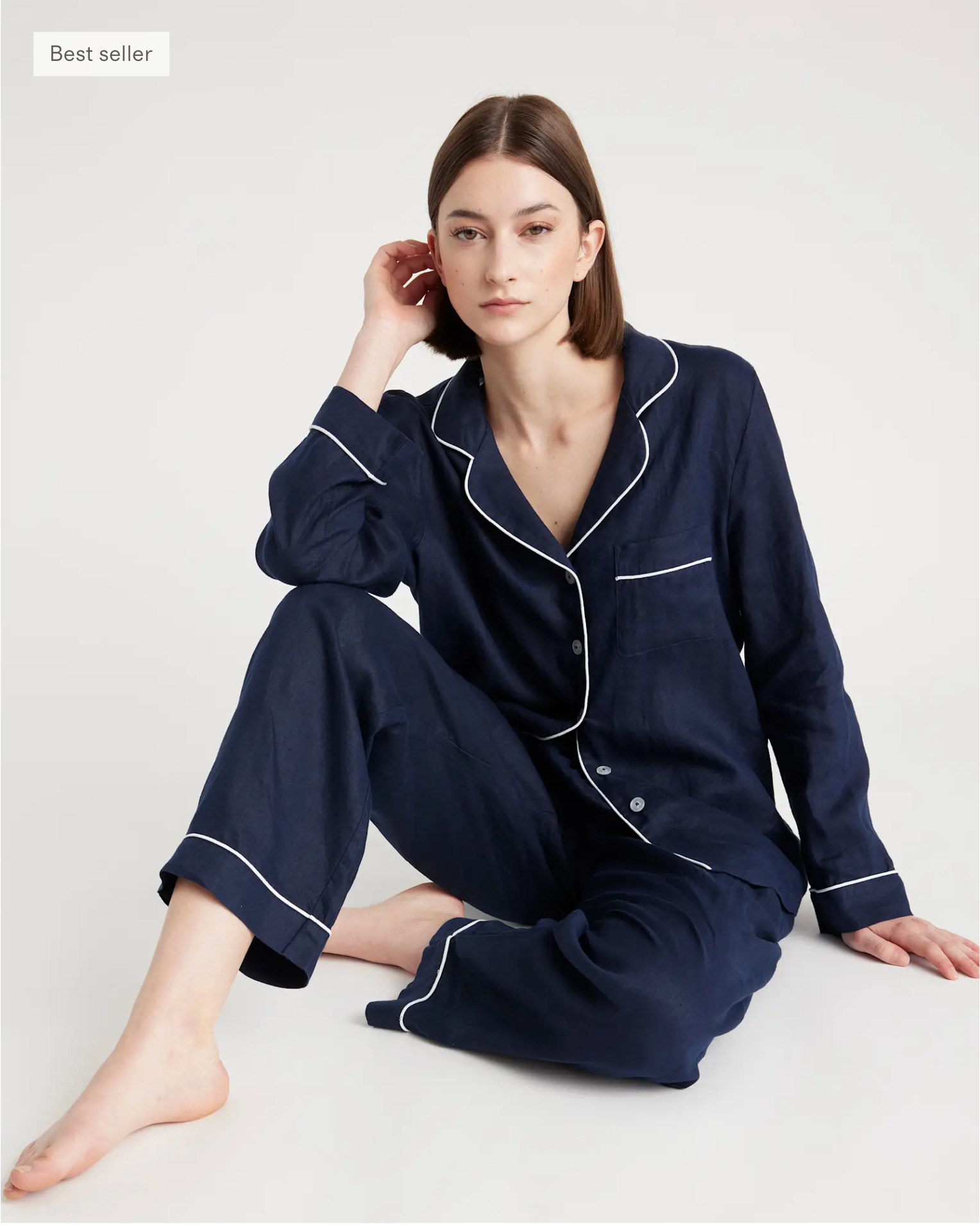 European Linen Long Sleeve Pajama Set with Piping - Image 3