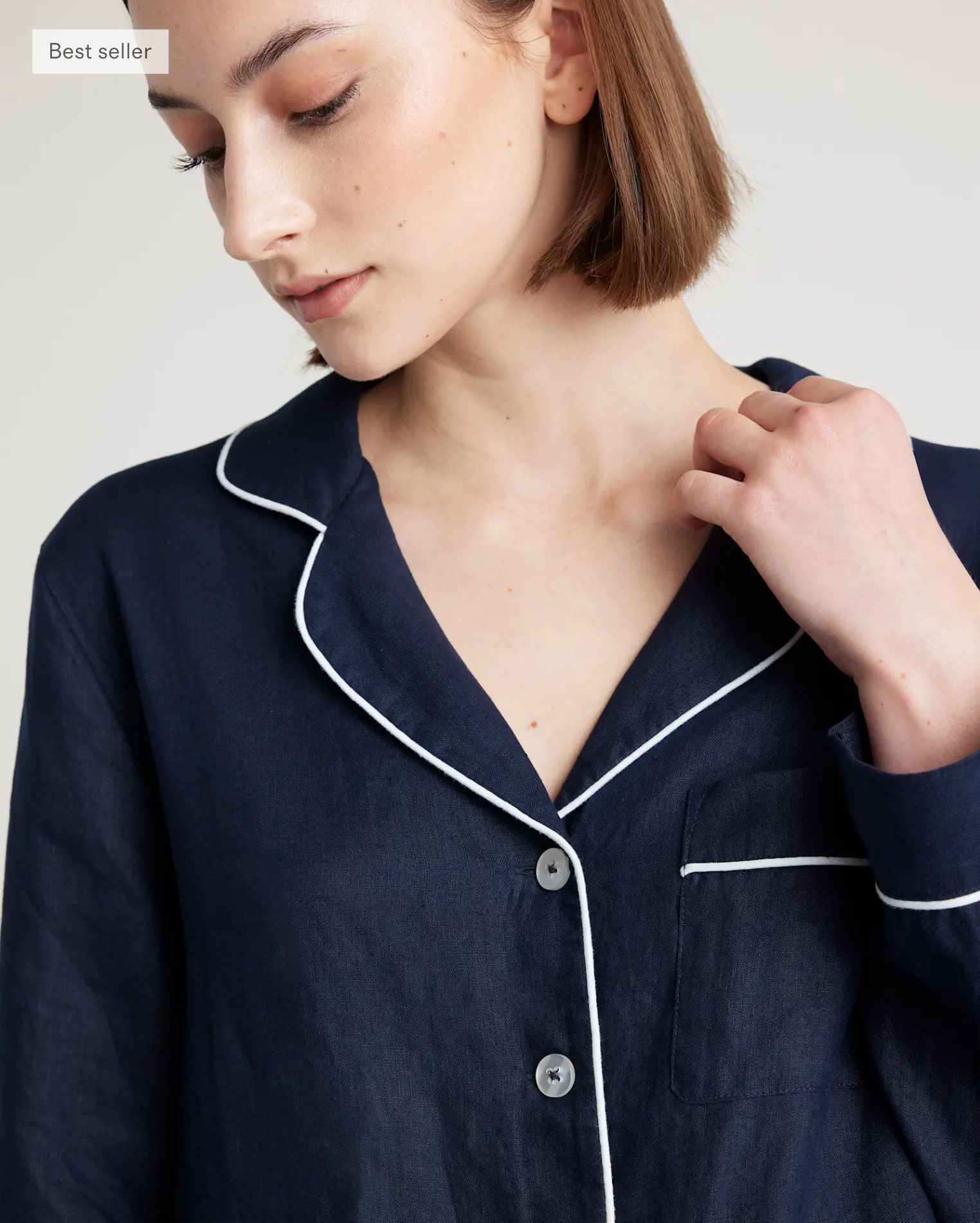 European Linen Long Sleeve Pajama Set with Piping - Image 5