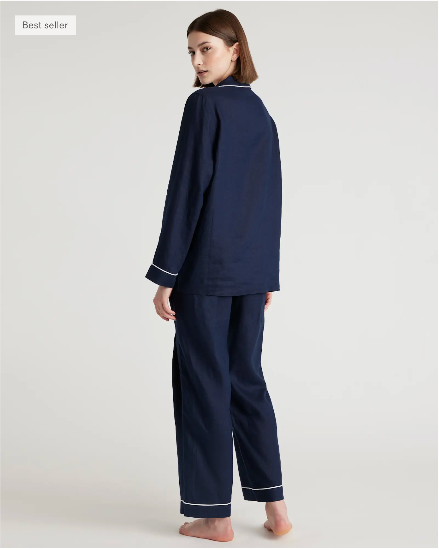 European Linen Long Sleeve Pajama Set with Piping - Image 6