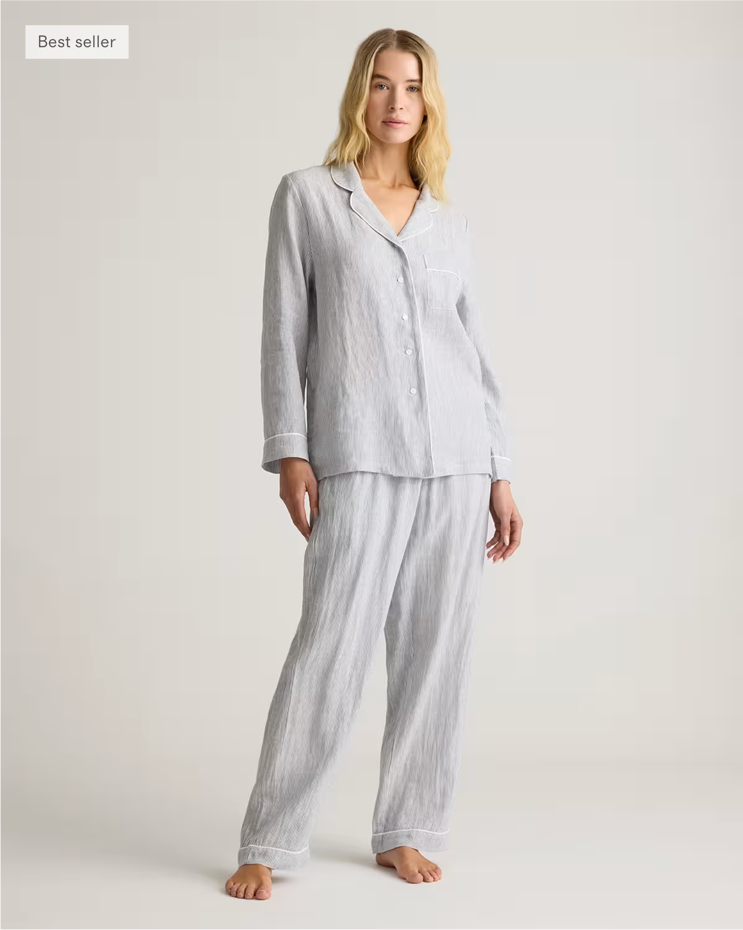 European Linen Long Sleeve Pajama Set with Piping - Image 7