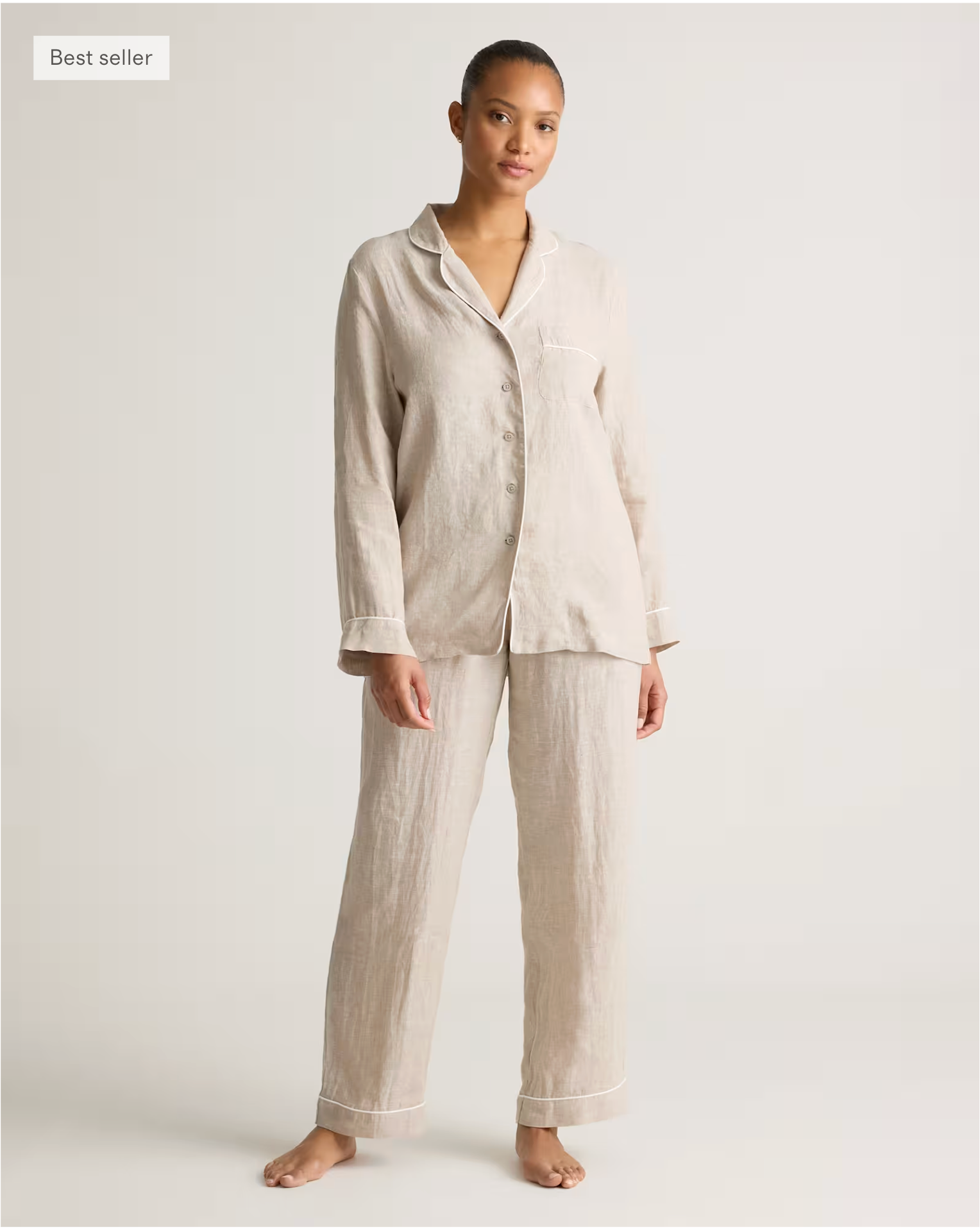 European Linen Long Sleeve Pajama Set with Piping - Image 8