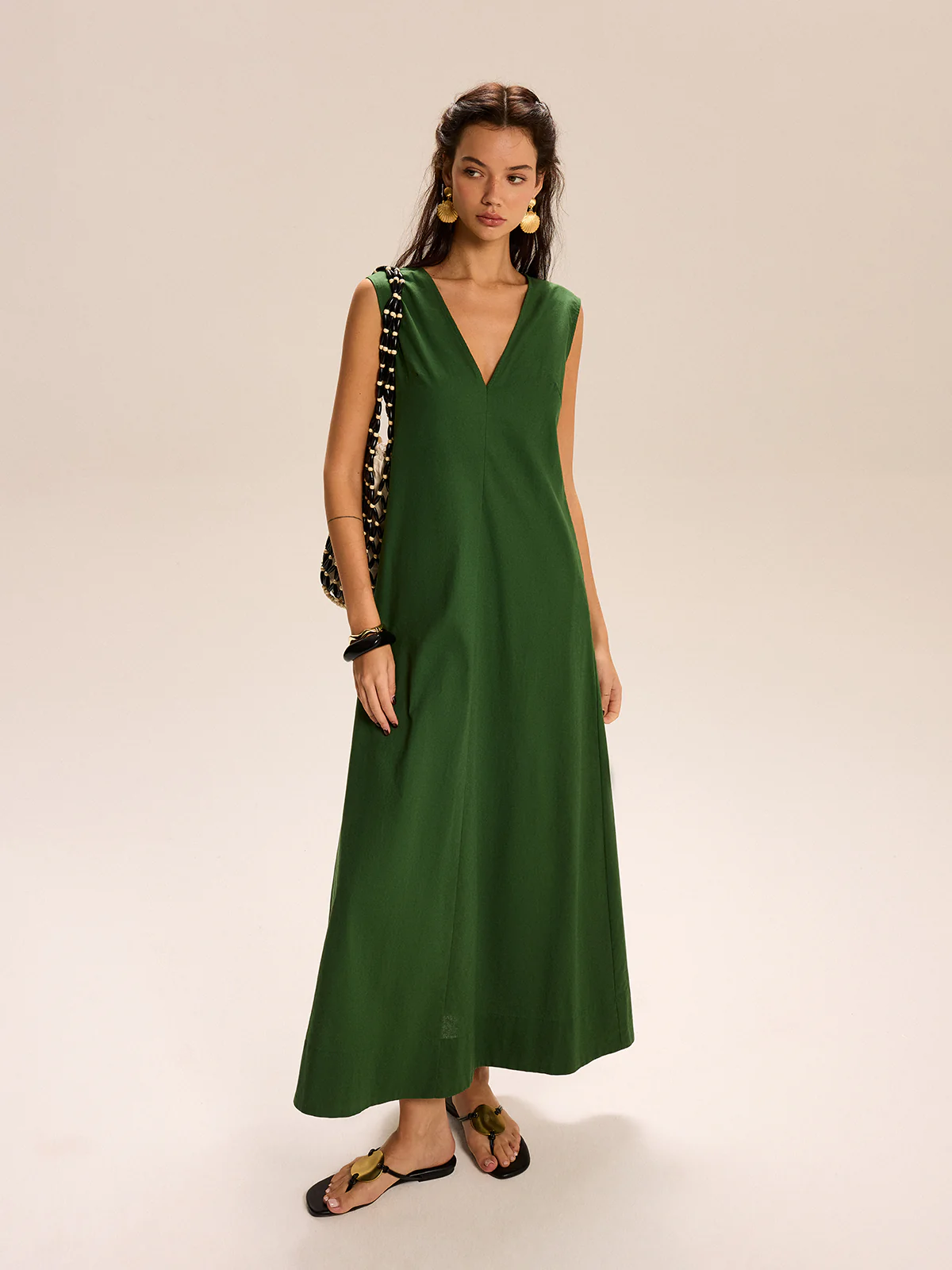 Linen & Cotton Pocketed V-Neck Maxi Dress - Image 3