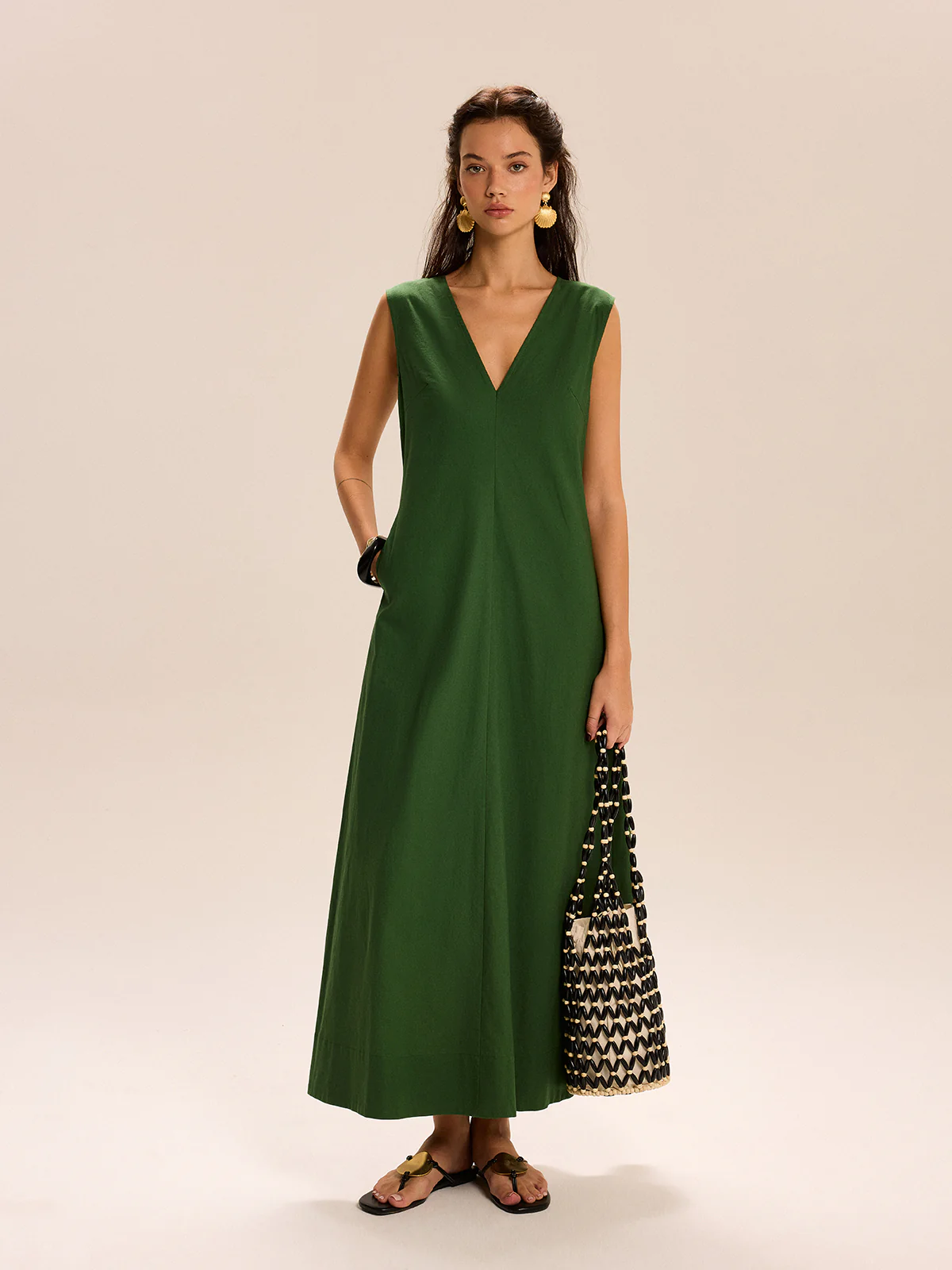 Linen & Cotton Pocketed V-Neck Maxi Dress - Image 4