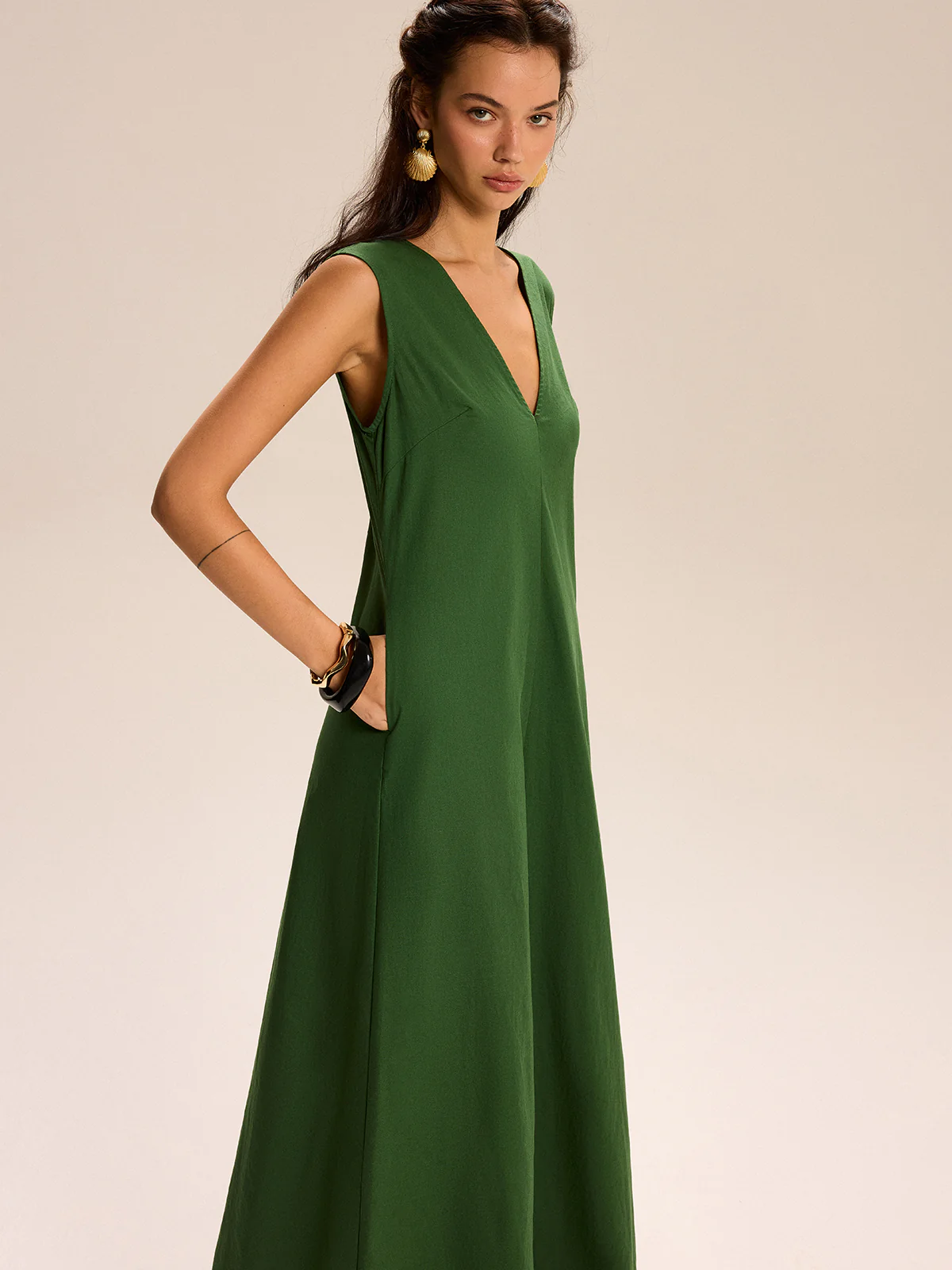 Linen & Cotton Pocketed V-Neck Maxi Dress - Image 6