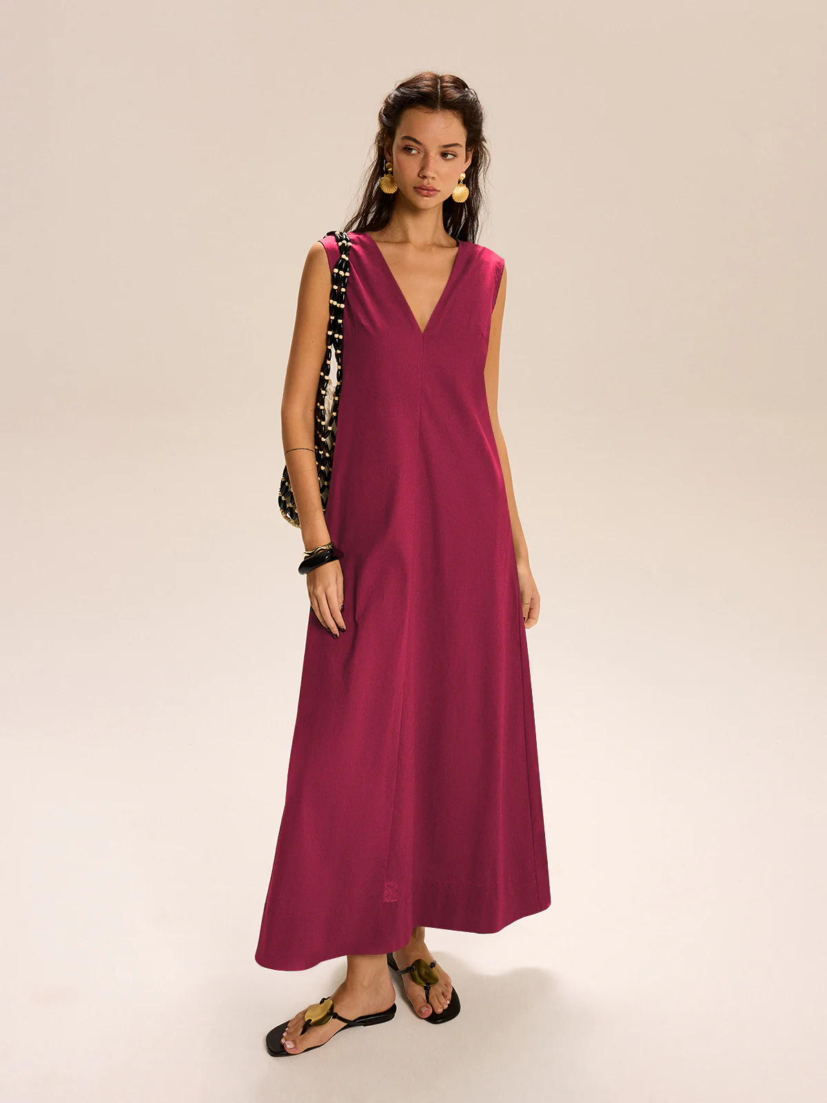 Linen & Cotton Pocketed V-Neck Maxi Dress - Image 2