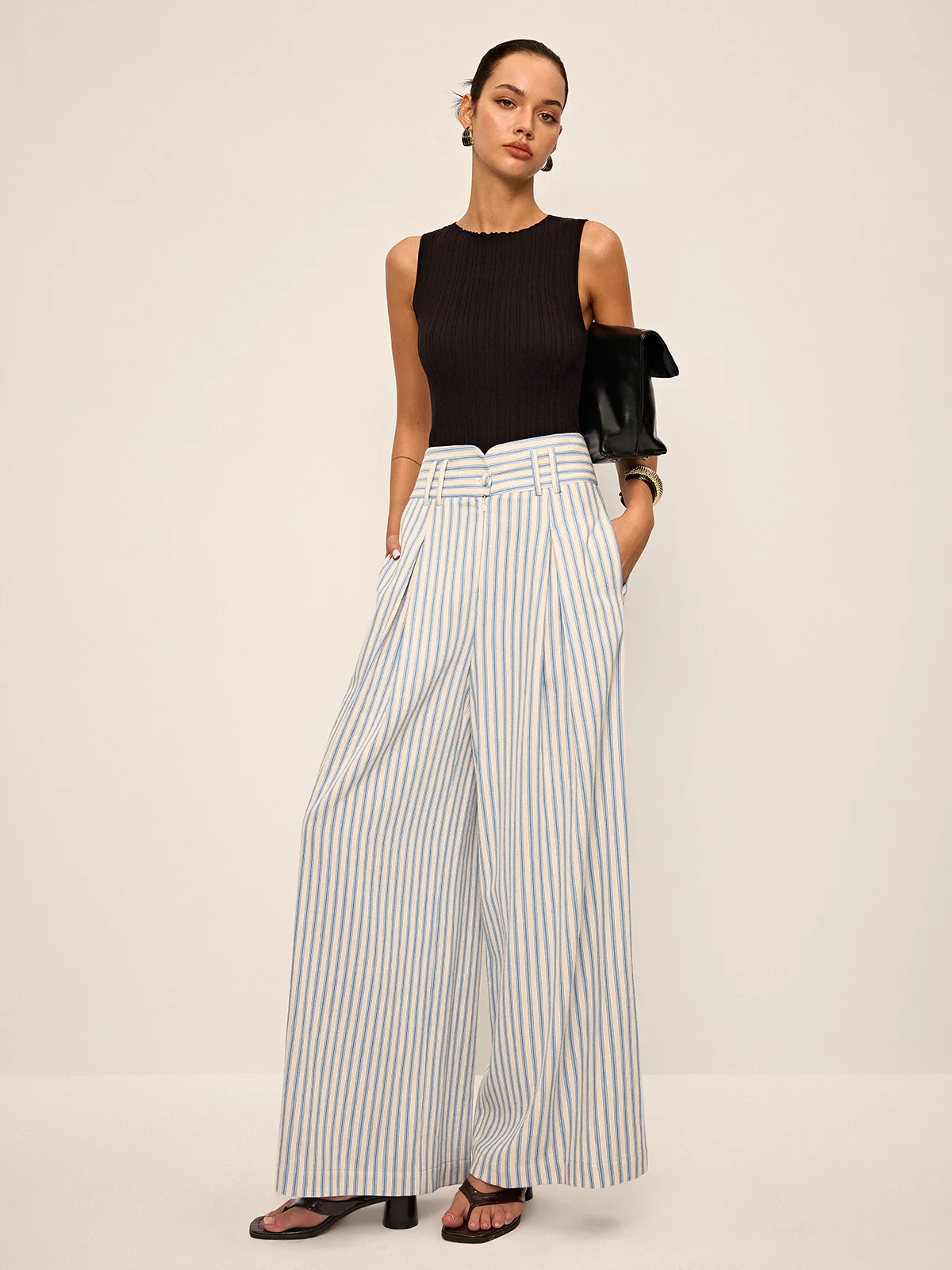 Cotton Striped Pleated Wide-Leg Pants - Image 2