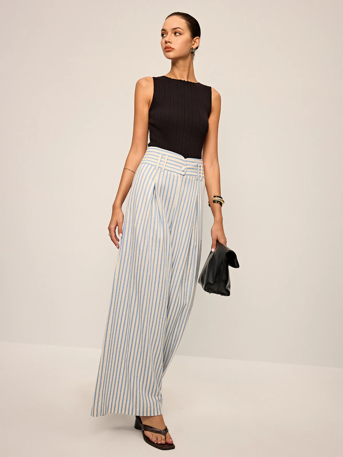Cotton Striped Pleated Wide-Leg Pants - Image 4