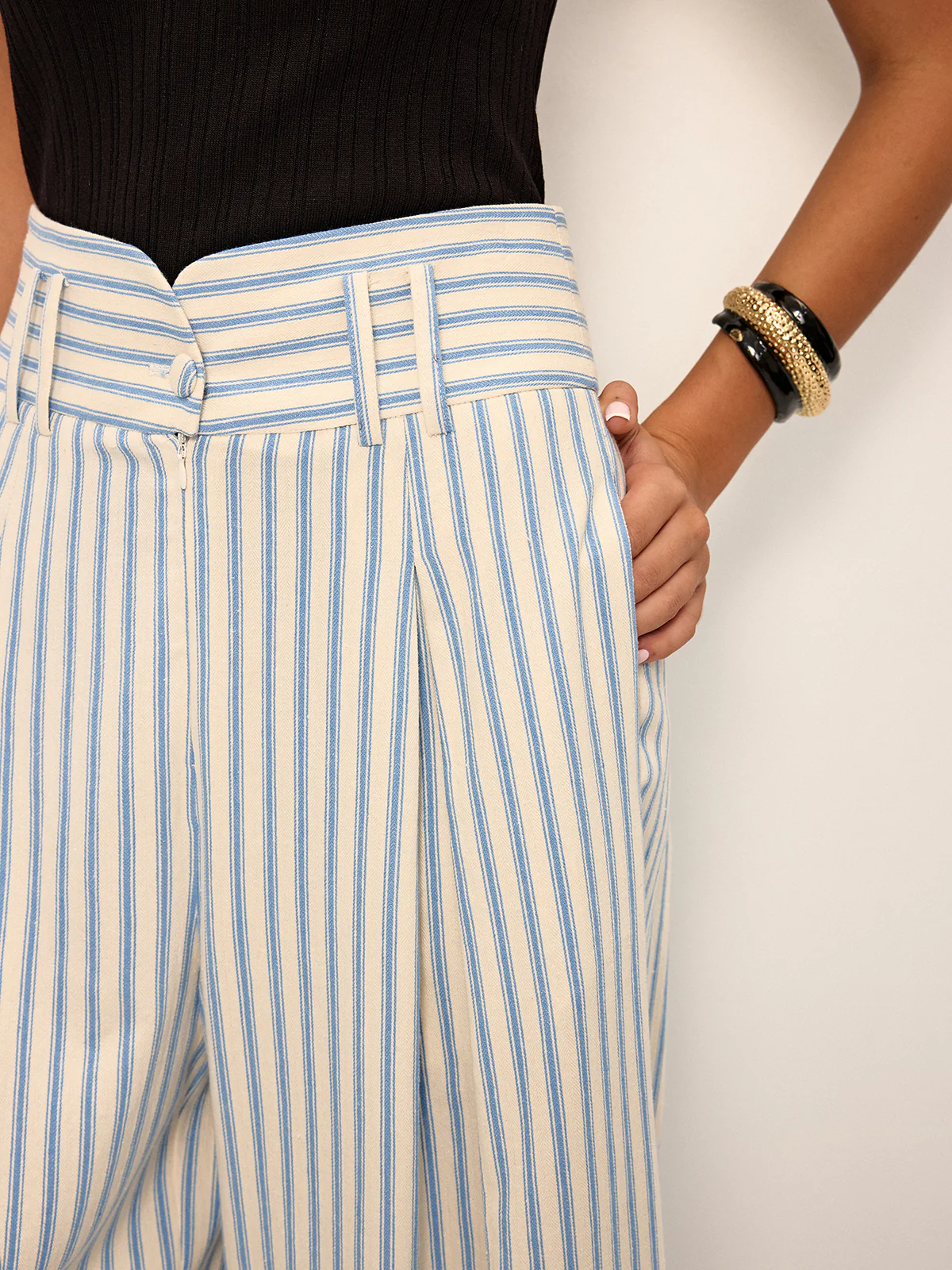 Cotton Striped Pleated Wide-Leg Pants - Image 5