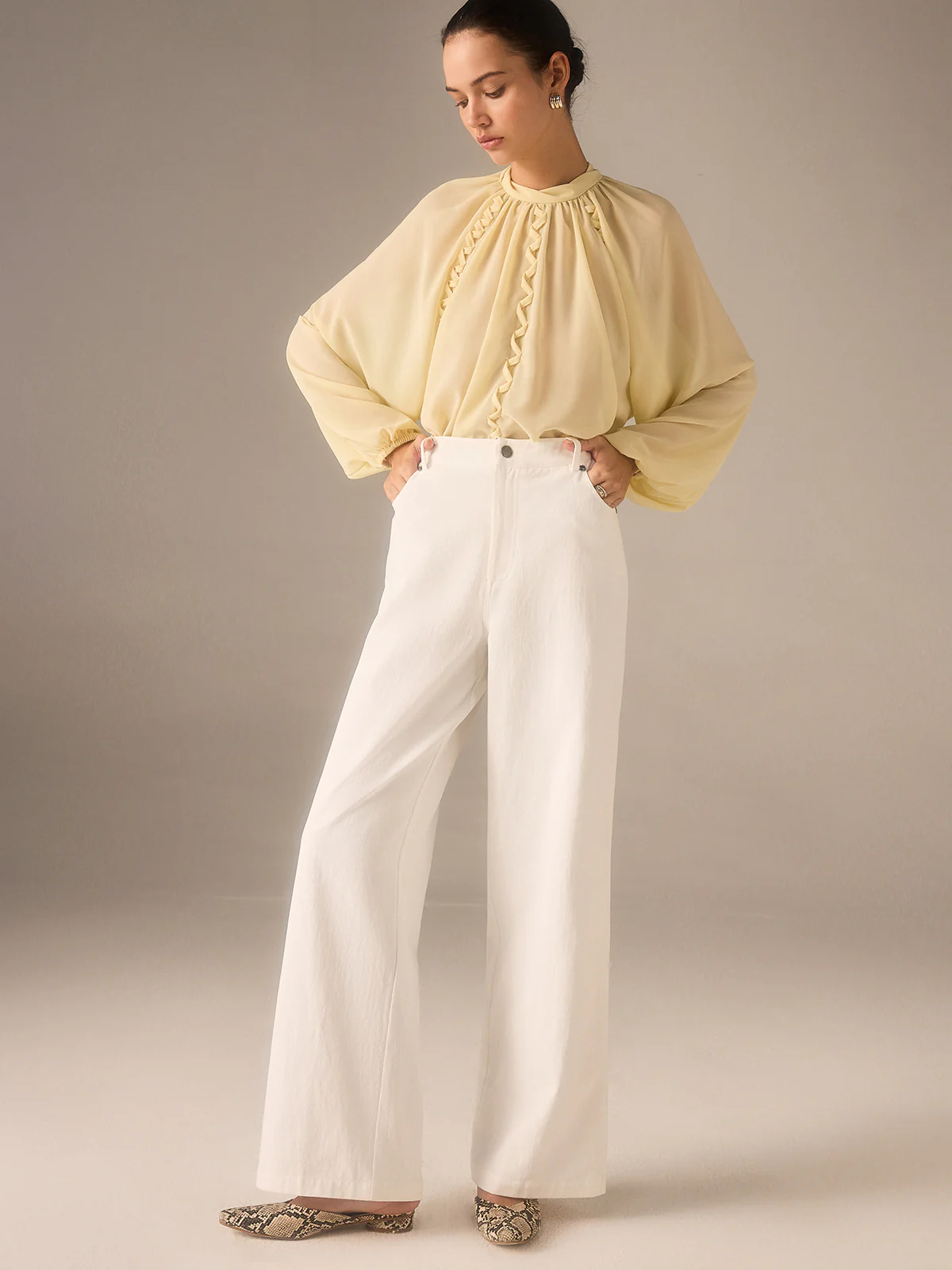 Cotton Twill Wide-Leg Pants with Metal Rivet Button - Image 3