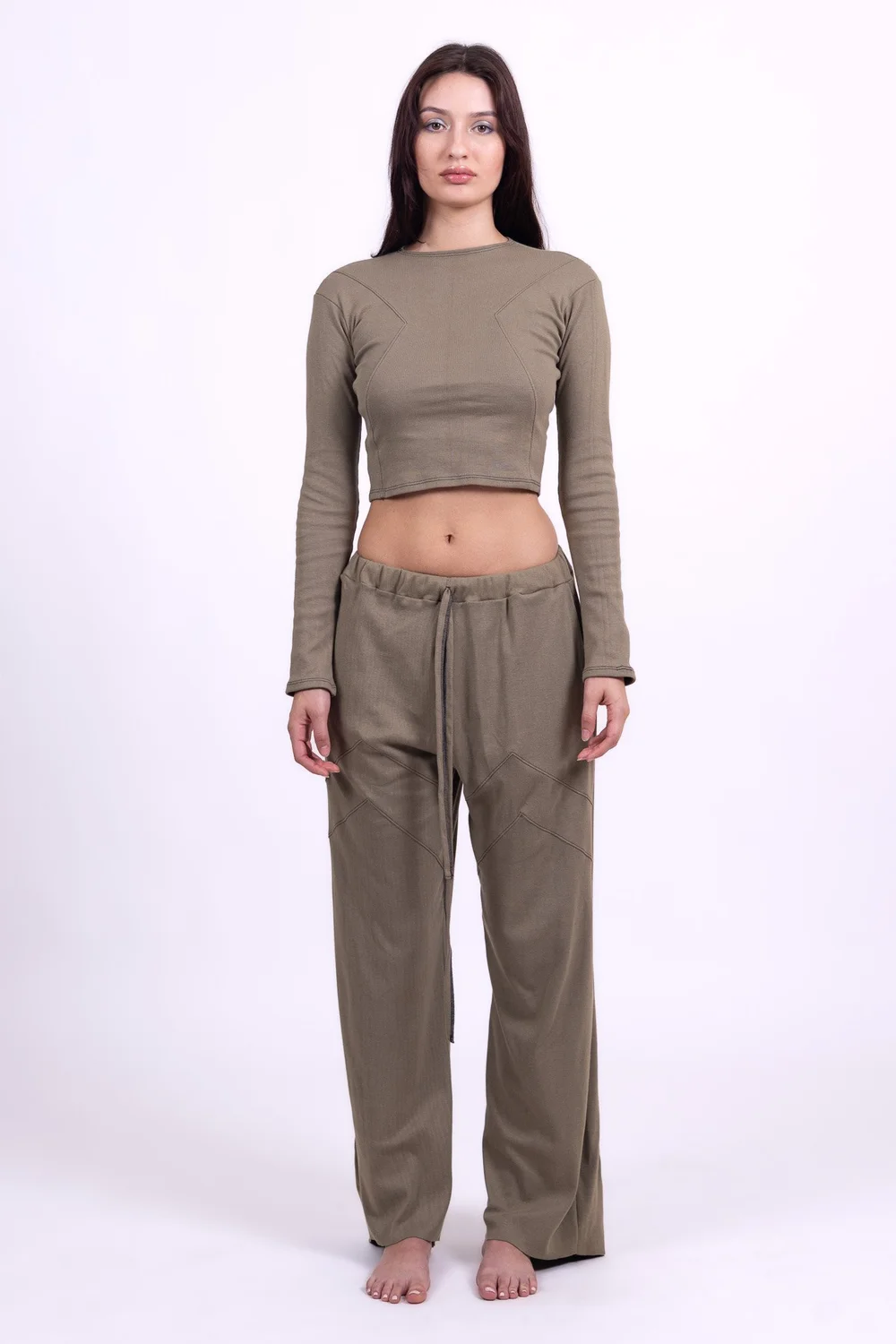Olive Organic Cotton Long Sleeve Cropped Shirt - Image 2