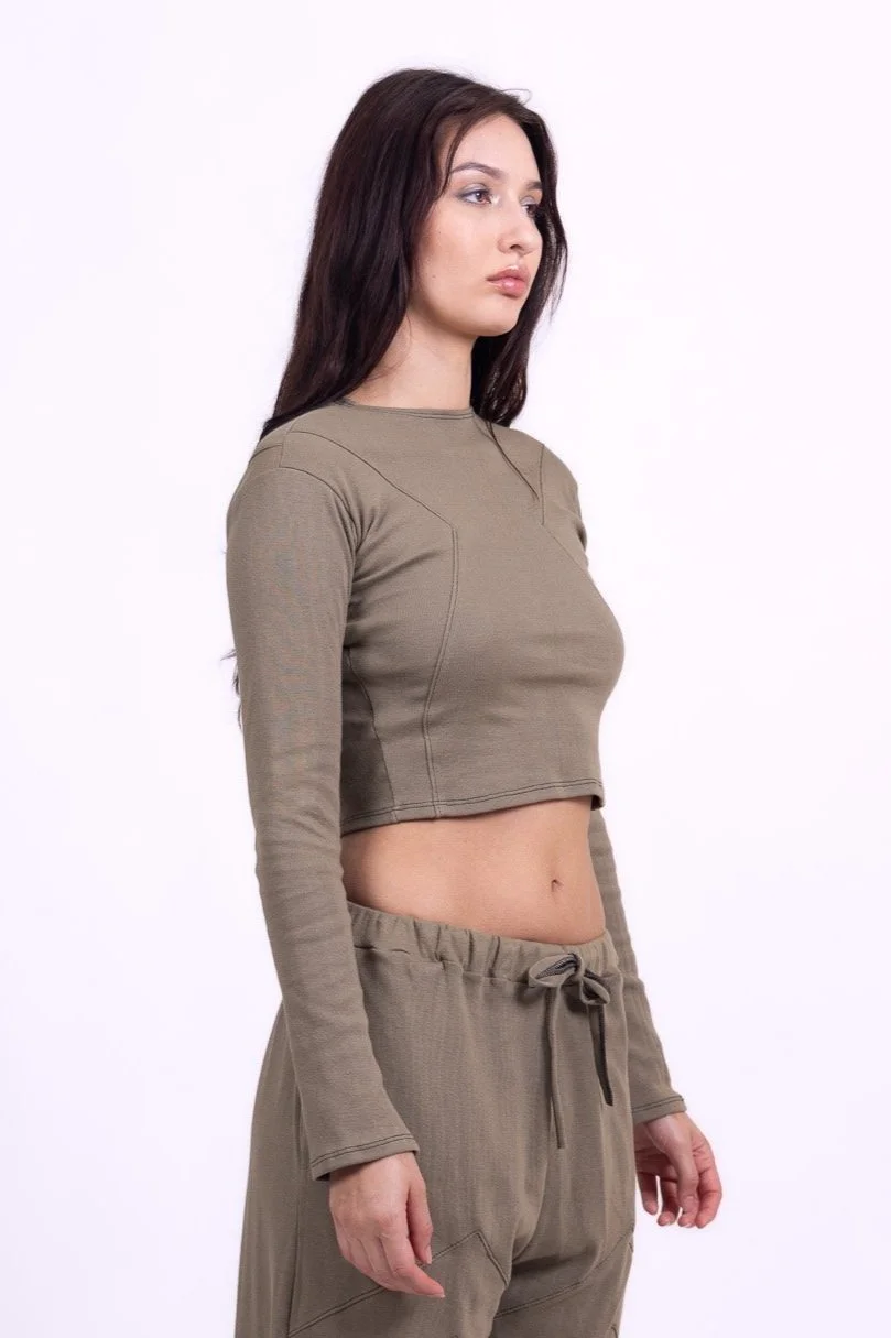 Olive Organic Cotton Long Sleeve Cropped Shirt - Image 3