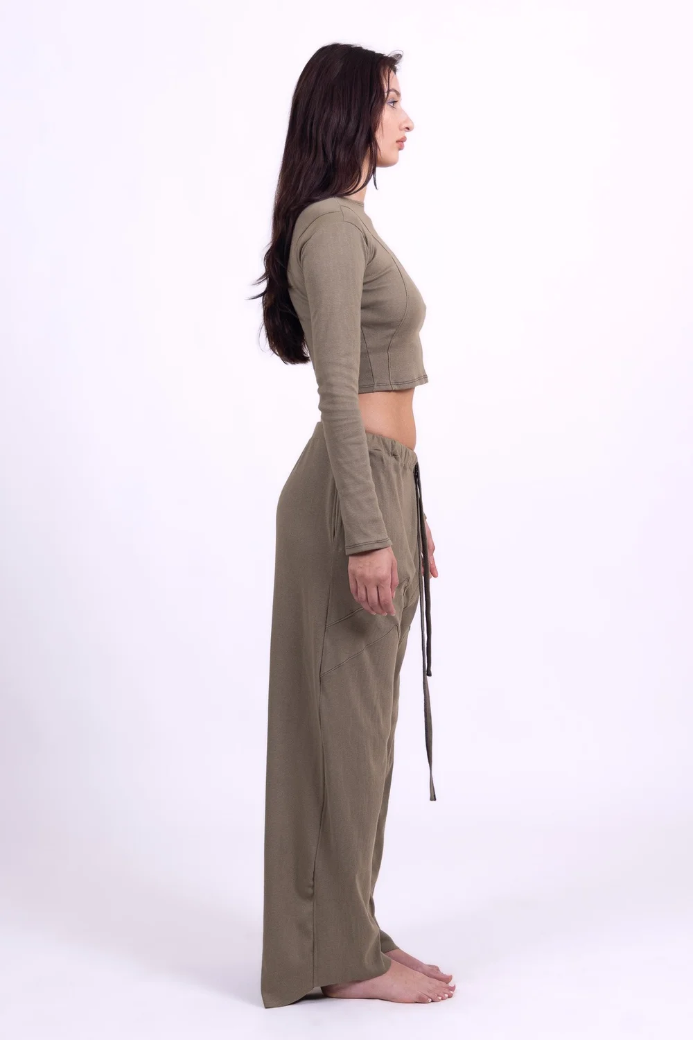 Olive Organic Cotton Long Sleeve Cropped Shirt - Image 5