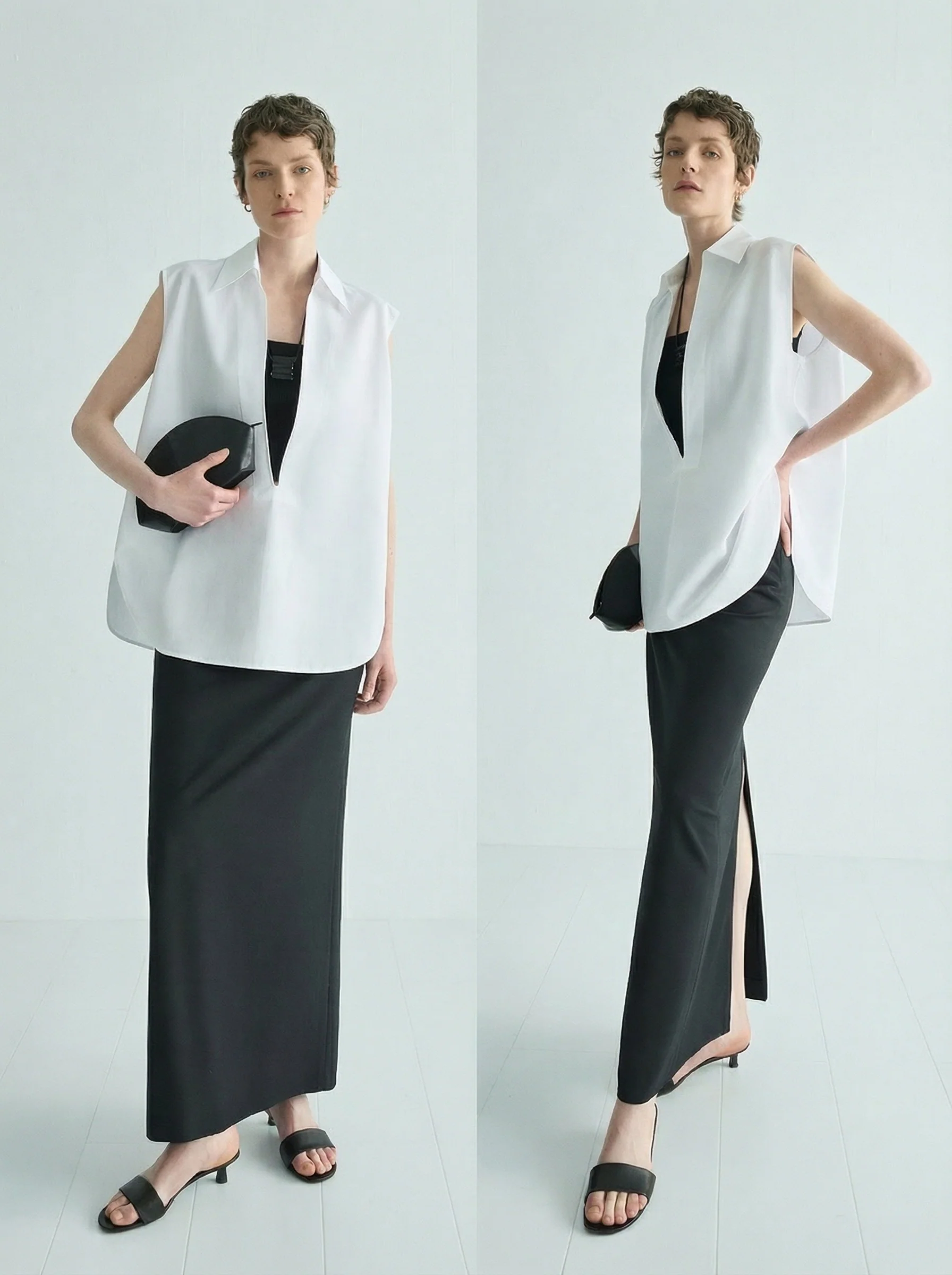 Cest M Pima Cotton-Linen Deep V Sleeveless Shirt - Image 3